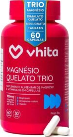 Magnésio Quelato Trio, Dimalato, Bisglicinato e Taurato com Vitamina B6 350mg Vhita 60 Cápsulas